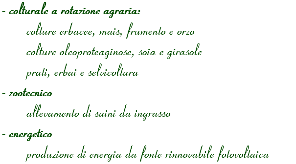- colturale a rotazione agraria: colture erbacee, mais, frumento e orzo colture oleoproteaginose, soia e girasole prati, erbai e selvicoltura - zootecnico allevamento di suini da ingrasso - energetico produzione di energia da fonte rinnovabile fotovoltaica